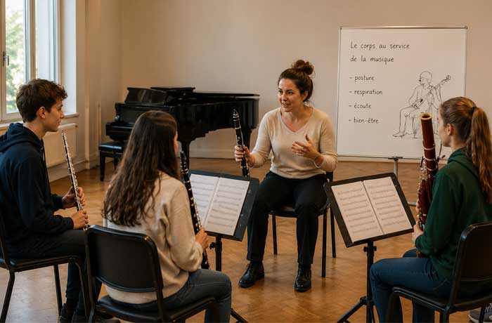 Atelier en conservatoire avec des élèves jouant des instruments à vent, guidés par une intervenante sur posture et respiration