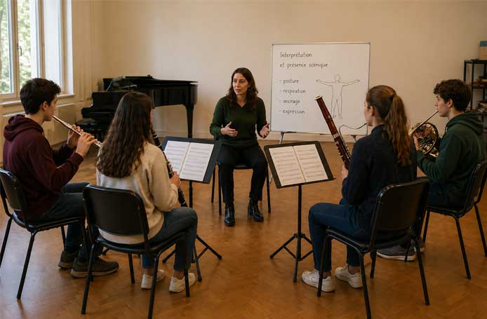 Enfants en atelier de musique jouant des instruments à vent, encadrés par une intervenante en conservatoire