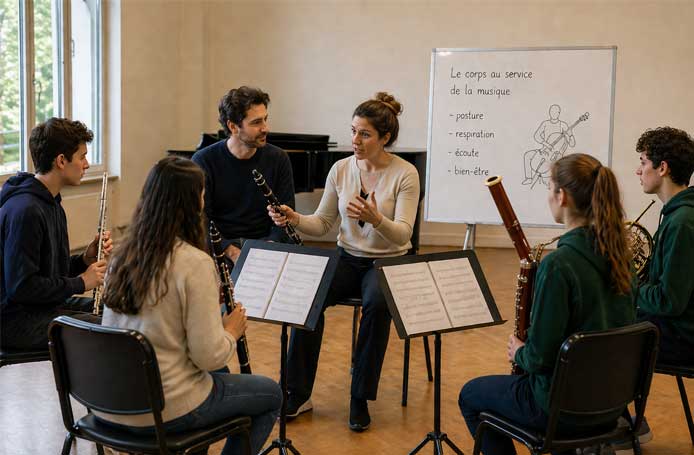 Deux intervenants encadrant un groupe d’élèves musiciens avec instruments à vent en atelier de musique