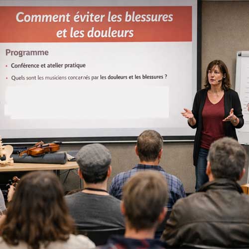 Conférence avec une intervenante présentant des stratégies pour prévenir les douleurs chez les musiciens devant un public avec instruments.