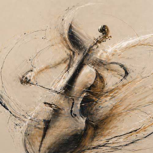 Illustration abstraite d’une violoncelliste en mouvement, suggérée par des lignes fluides et des traces gestuelles évoquant le geste musical.