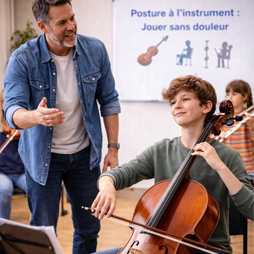Professeur de musique expliquant la posture à un jeune violoncelliste dans une salle de cours, sans contact physique, devant un groupe d’enfants musiciens.