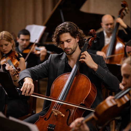 Un violoncelliste au sein d'un orchestre pratique son instrument