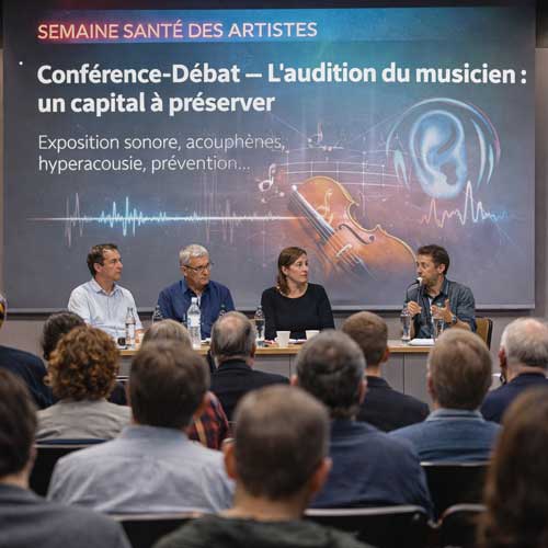 Conférence avec plusieurs intervenants face à un public, autour de la santé auditive des musiciens, avec un écran affichant le thème de la Semaine Santé des Artistes.