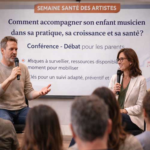 Deux intervenants, un homme et une femme, échangent lors d’une conférence-débat face à un public de parents, sur l’accompagnement des enfants musiciens dans leur pratique et leur santé, dans le cadre de la Semaine Santé des Artistes.