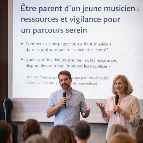 Photo illustrant une conférence pour les parents de jeunes musiciens, santé et prévention