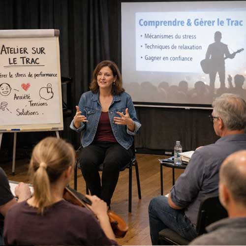 Atelier sur le trac pour musiciens avec une intervenante expliquant la gestion du stress de performance devant un petit groupe