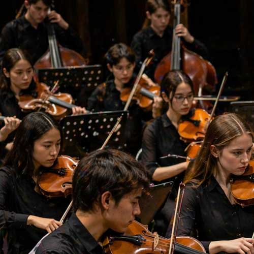 Illustration d’un orchestre de jeunes avec chef d’orchestre vue en angle latéral