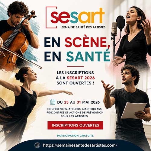 Illustration de la Semaine Santé des Artistes 2026 avec musiciens, chanteuse, danseuse et comédien autour du slogan « En scène, en santé ».