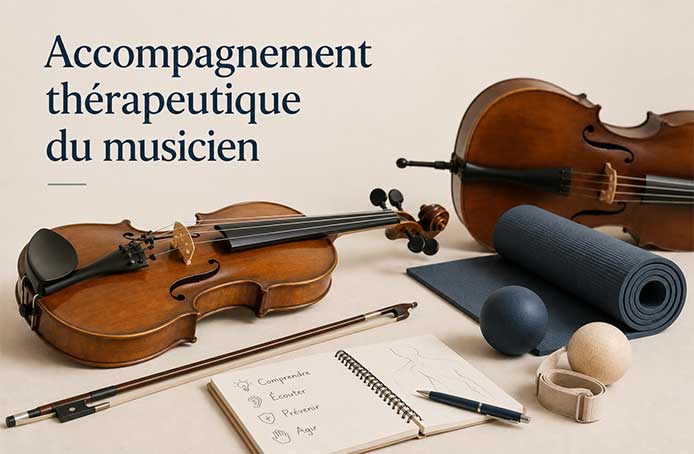 Illustration d’un atelier d’accompagnement thérapeutique pour musiciens avec violons, matériel d’exercices corporels et supports pédagogiques
