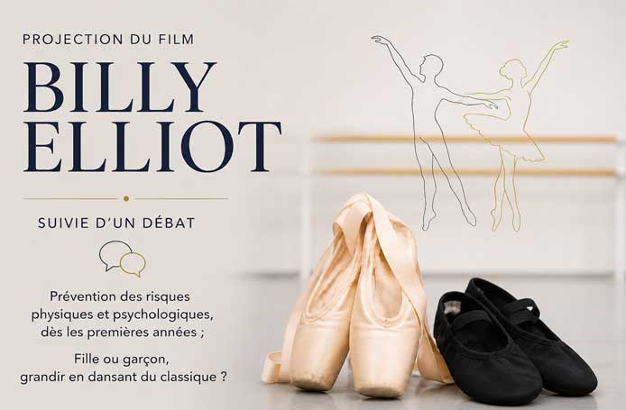 Affiche sobre avec chaussons de danse classique et annonce d’une projection du film Billy Elliot suivie d’un débat sur grandir en dansant