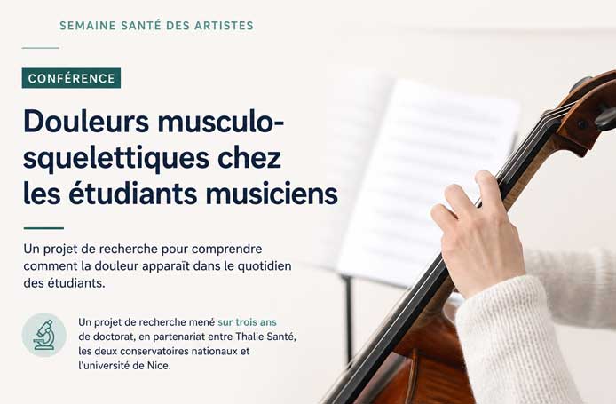 Affiche sobre d’une conférence sur les douleurs musculosquelettiques chez les étudiants musiciens avec un visuel d’instrument à cordes