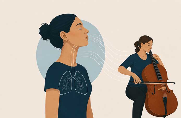 Illustration minimaliste d’une femme respirant profondément reliée à une violoncelliste par des flux symbolisant le souffle
